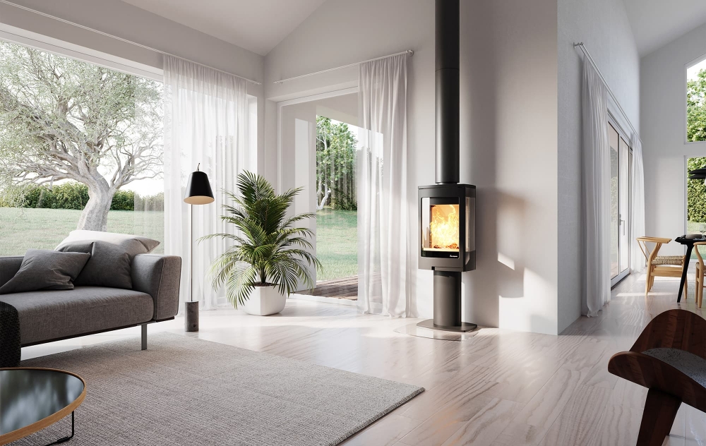 Nordpeis Duo 1 med pedestal er en moderne peisovn med stor glassdør og sideglass, for flott innsyn til flammene. Denne peisovnen passer like godt i hjørnet som på rett vegg.